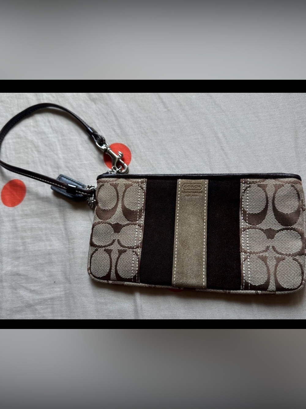 Coach Brown and Tan Signature Canvas Wristlet with Suede Stripe